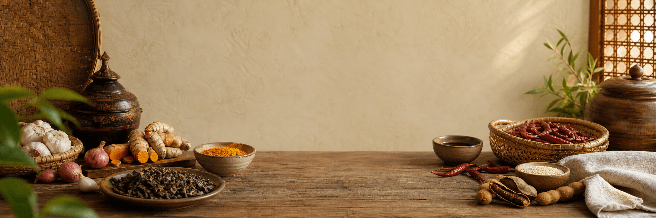 Burmese pantry ingredients arranged on a teak table