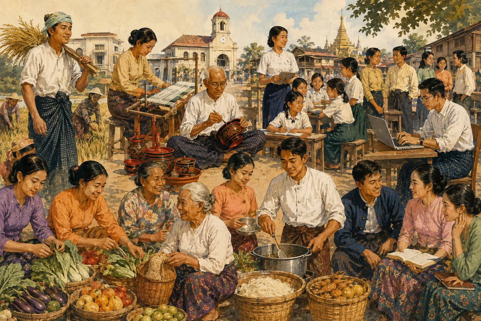 Editorial illustration of Bamar farmers, craftspeople, teachers, students, cooks, elders and contemporary professionals