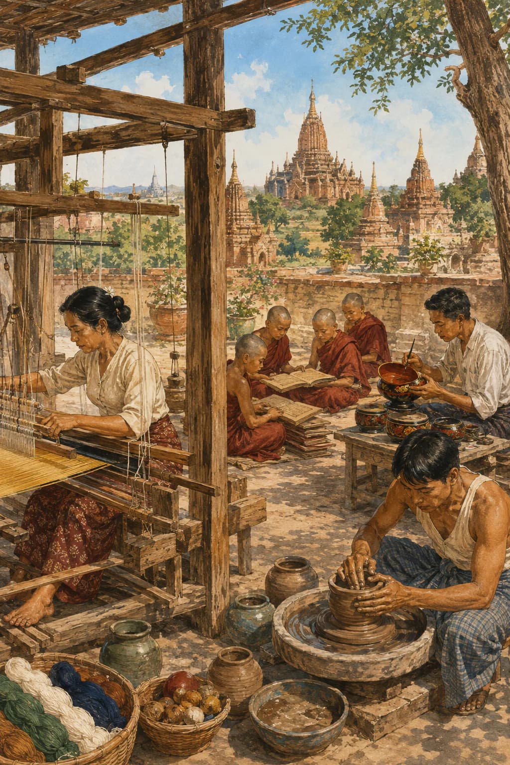 Editorial illustration of weaving, pottery, lacquerware and monastery study near Bagan