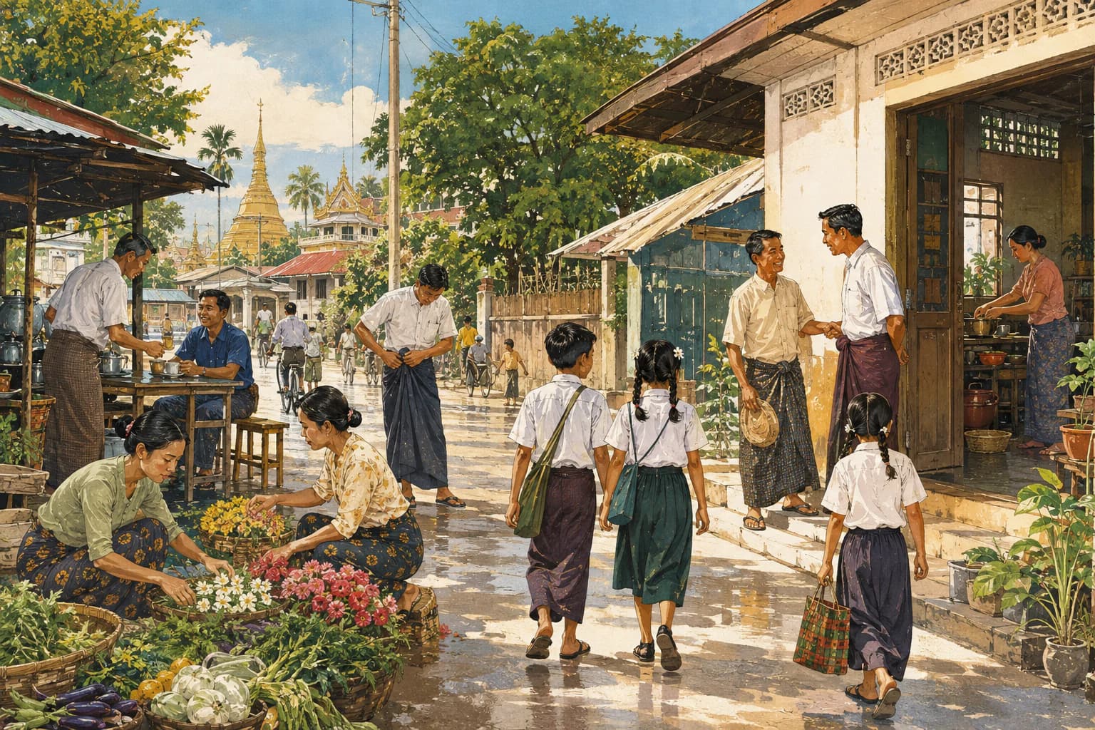 Comic-book illustration of a morning market, family kitchen, schoolchildren, farmers and neighbors
