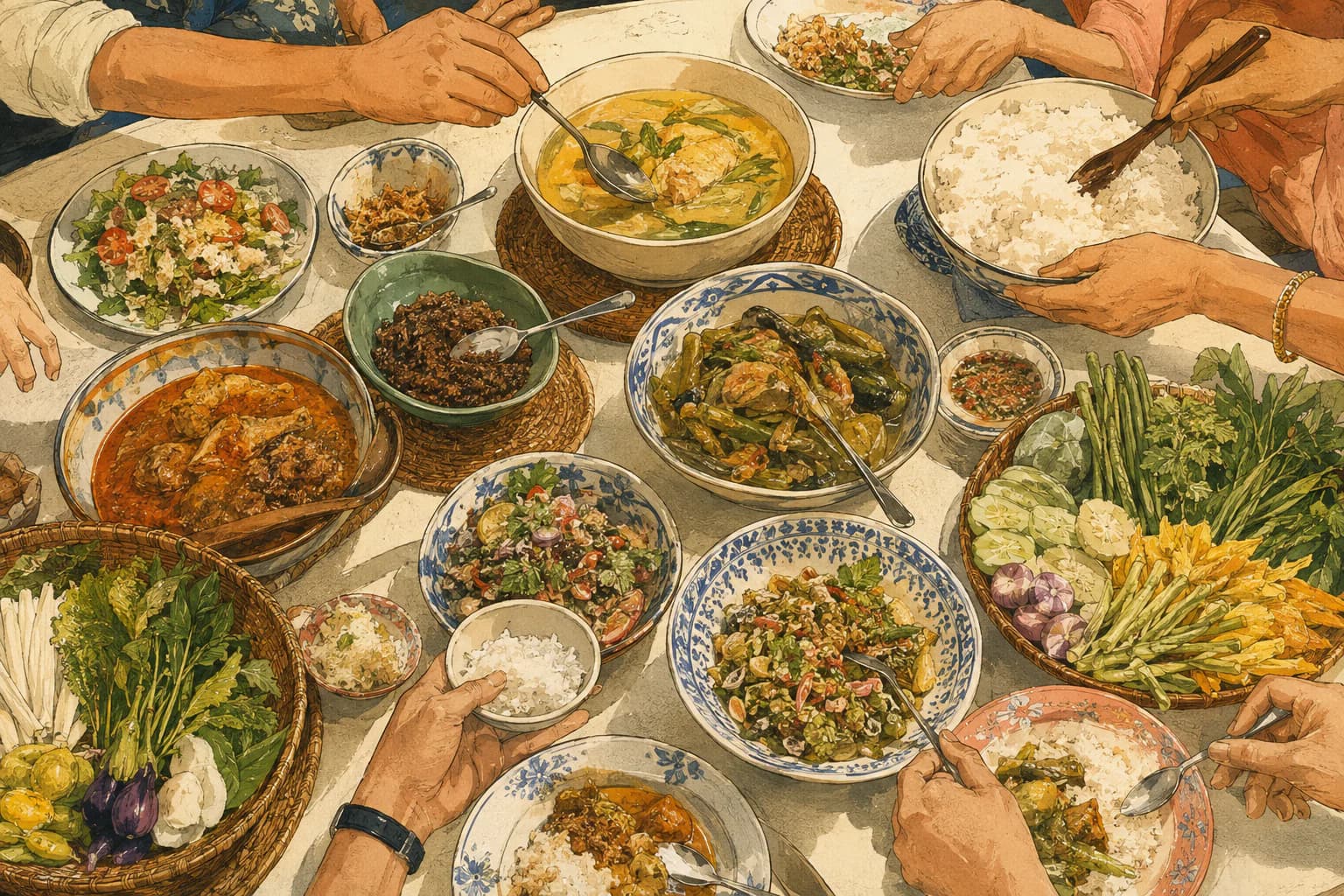 Overhead editorial illustration of hands sharing rice, curries, soup, salads and seasonal vegetables
