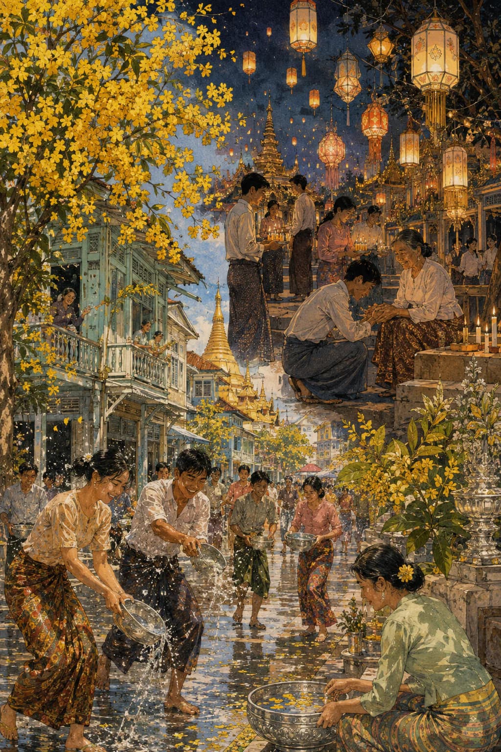 Comic-book illustration of Thingyan water, Thadingyut lanterns, offerings and family visits