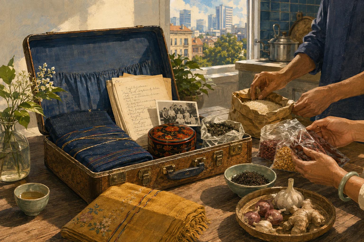 Editorial still life of an open travel case, folded longyi, family photograph, recipes and pantry ingredients