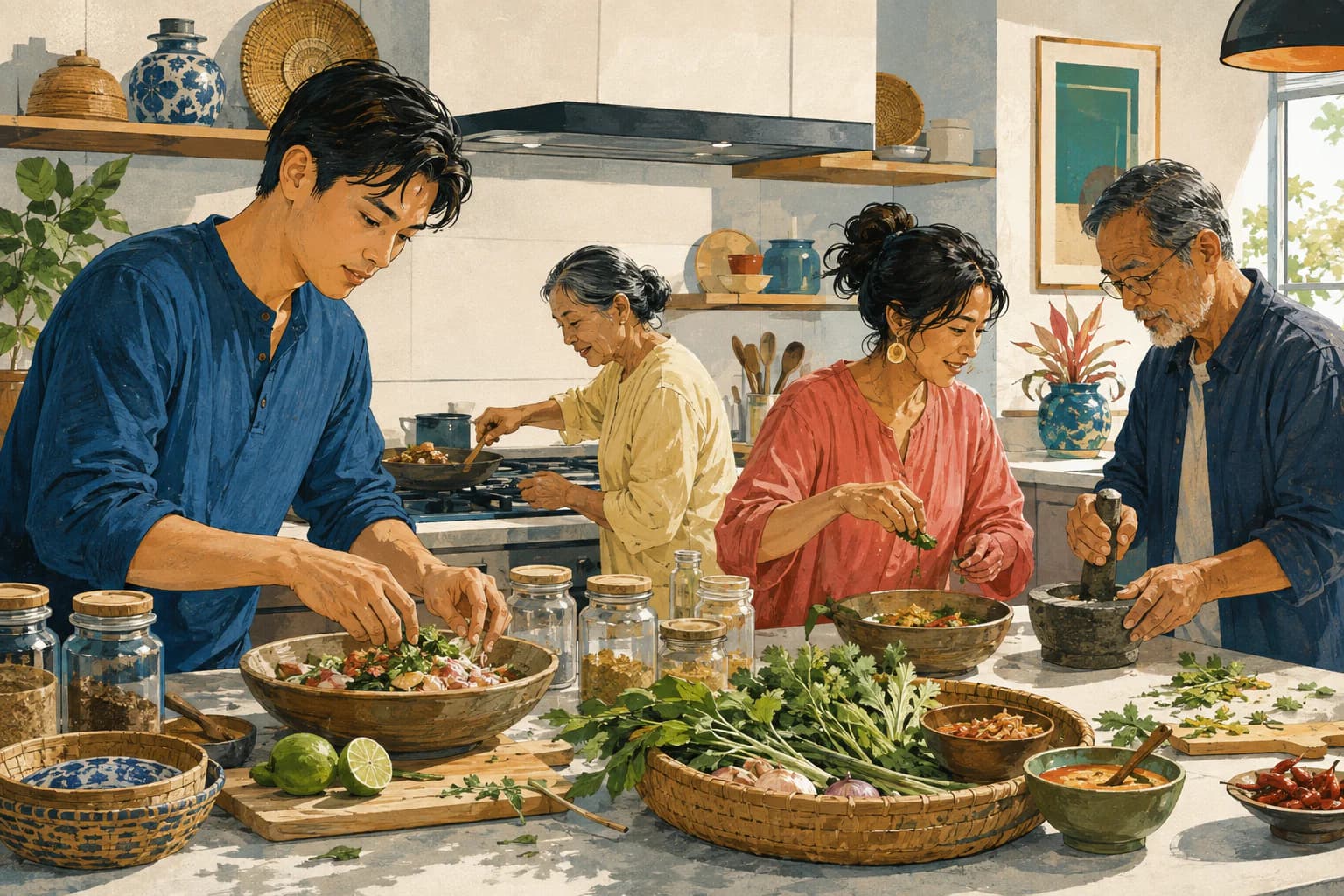 Editorial illustration of several generations preparing Burmese dishes in a contemporary kitchen
